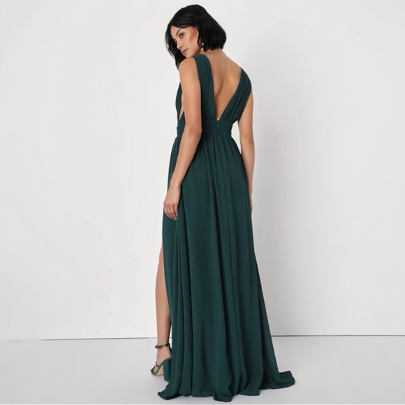 Lulus Plunge V Neck Forest Green Maxi Dress With Leg Slit Size Large - Picture 3 of 14